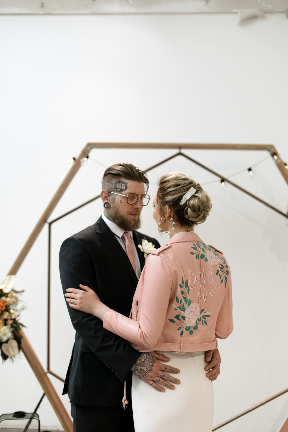 Leather Jacket Pink Painted Personalised Bride Bridal Moroccan Wedding Ideas Emma Louise Photography