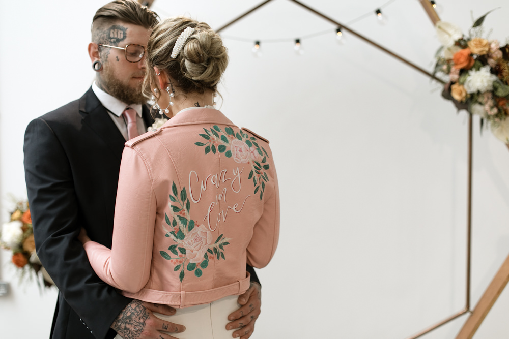 Leather Jacket Pink Painted Personalised Bride Bridal Moroccan Wedding Ideas Emma Louise Photography