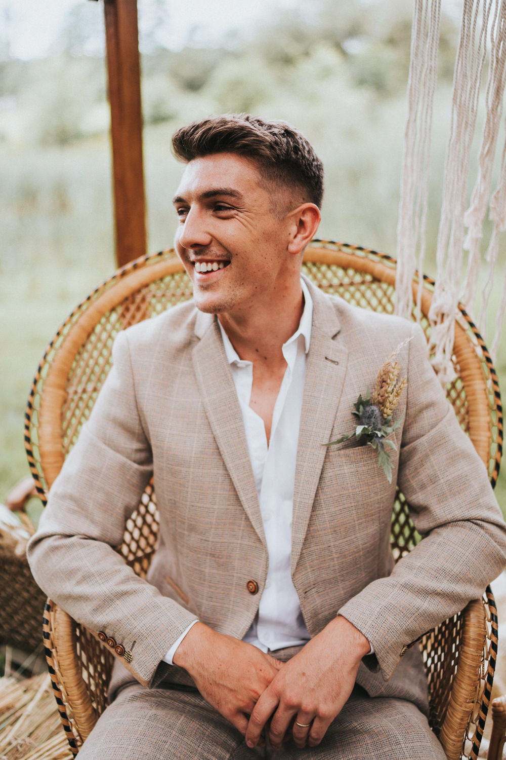 Groom Suit Taupe Check Shirt Open Collar Naked Tipi Wedding Ideas Holly Rose Stones