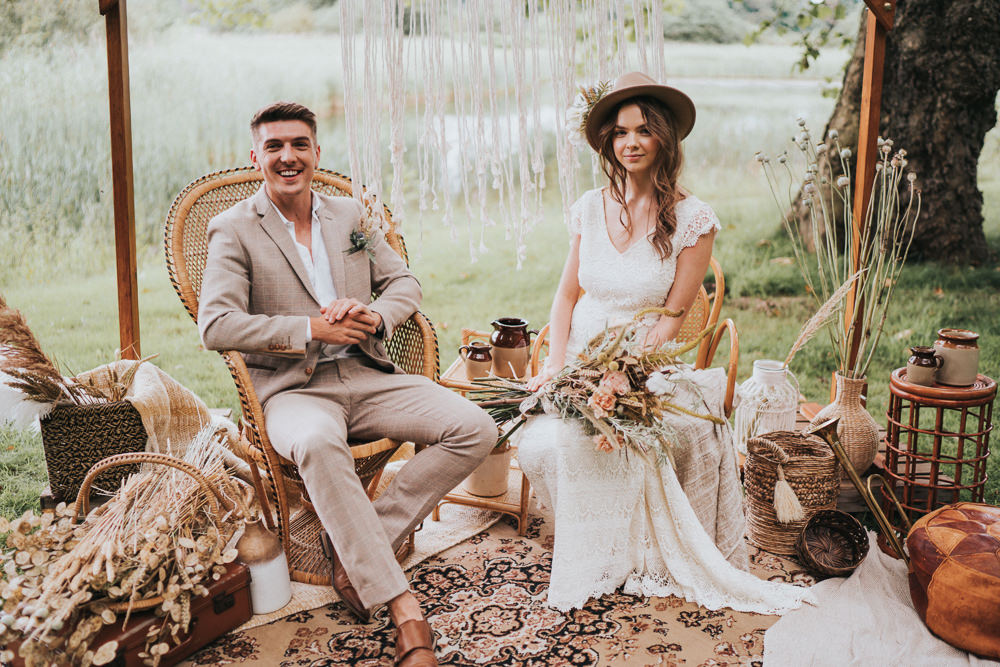 Peacock Chair Macrame Decor Backdrop Frame Pampas Grass Persian Rug Naked Tipi Wedding Ideas Holly Rose Stones