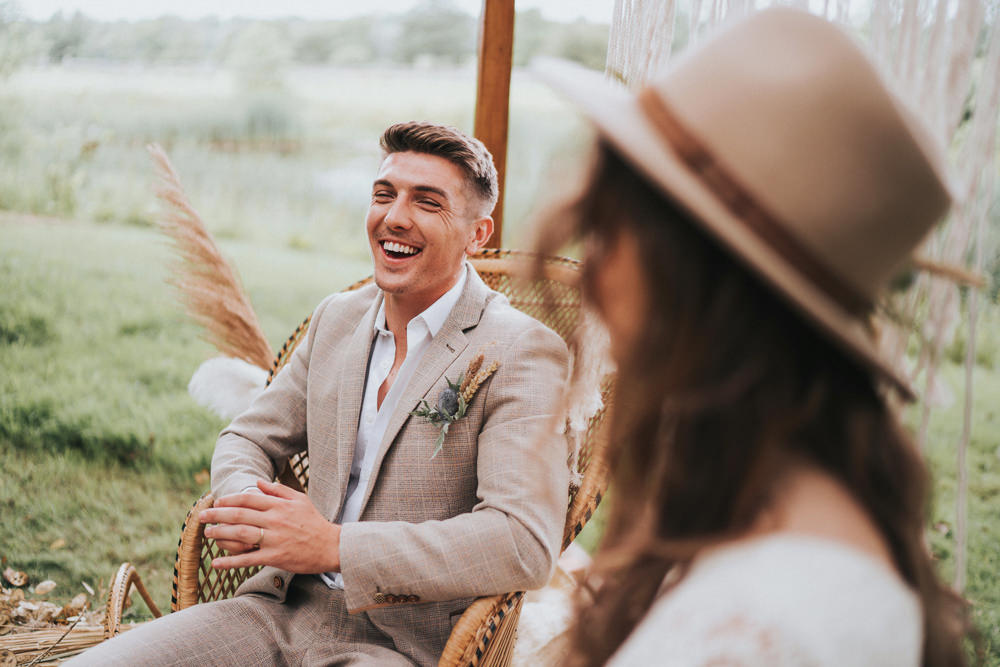 Groom Suit Taupe Check Shirt Open Collar Naked Tipi Wedding Ideas Holly Rose Stones