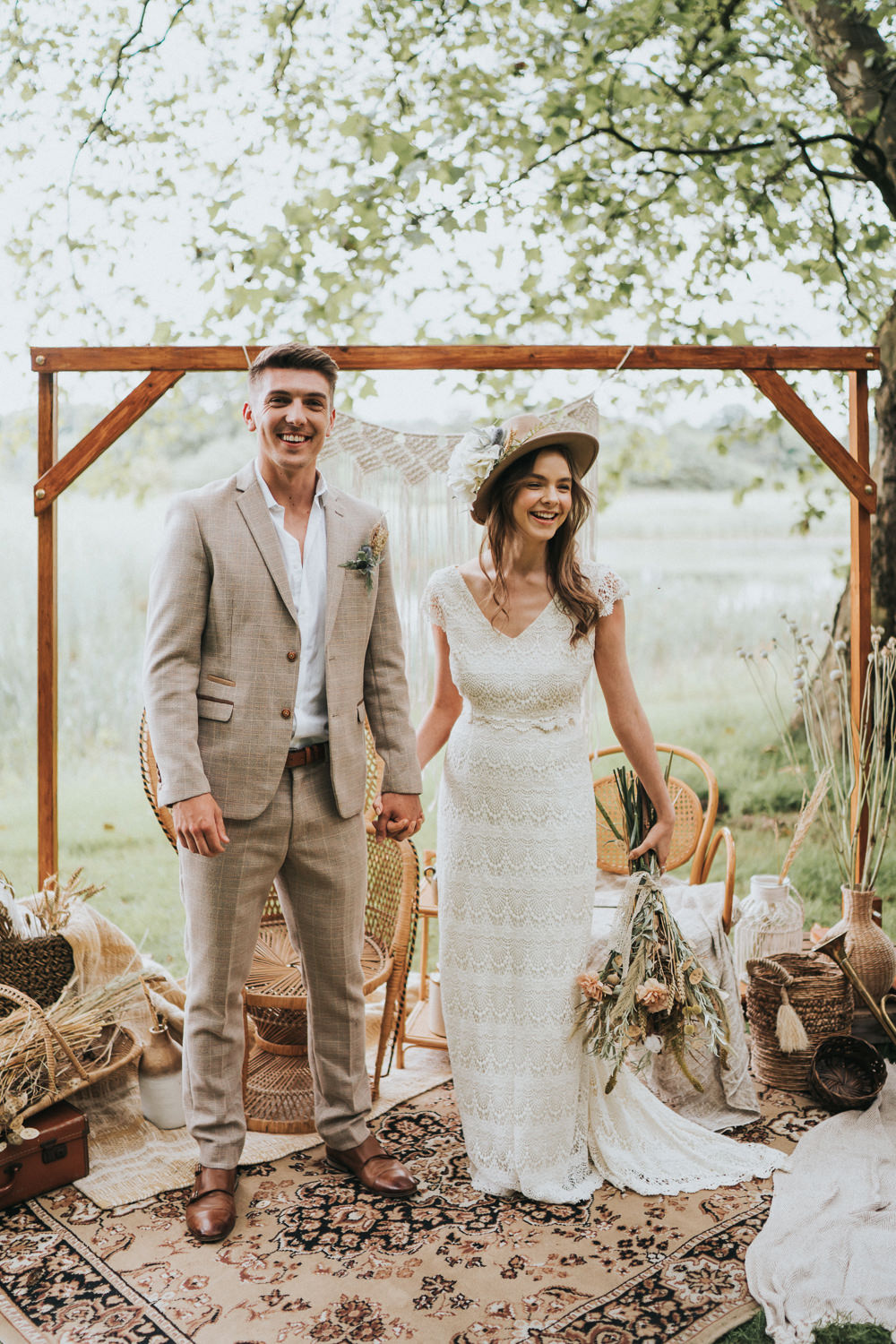 Peacock Chair Macrame Decor Backdrop Frame Pampas Grass Persian Rug Naked Tipi Wedding Ideas Holly Rose Stones