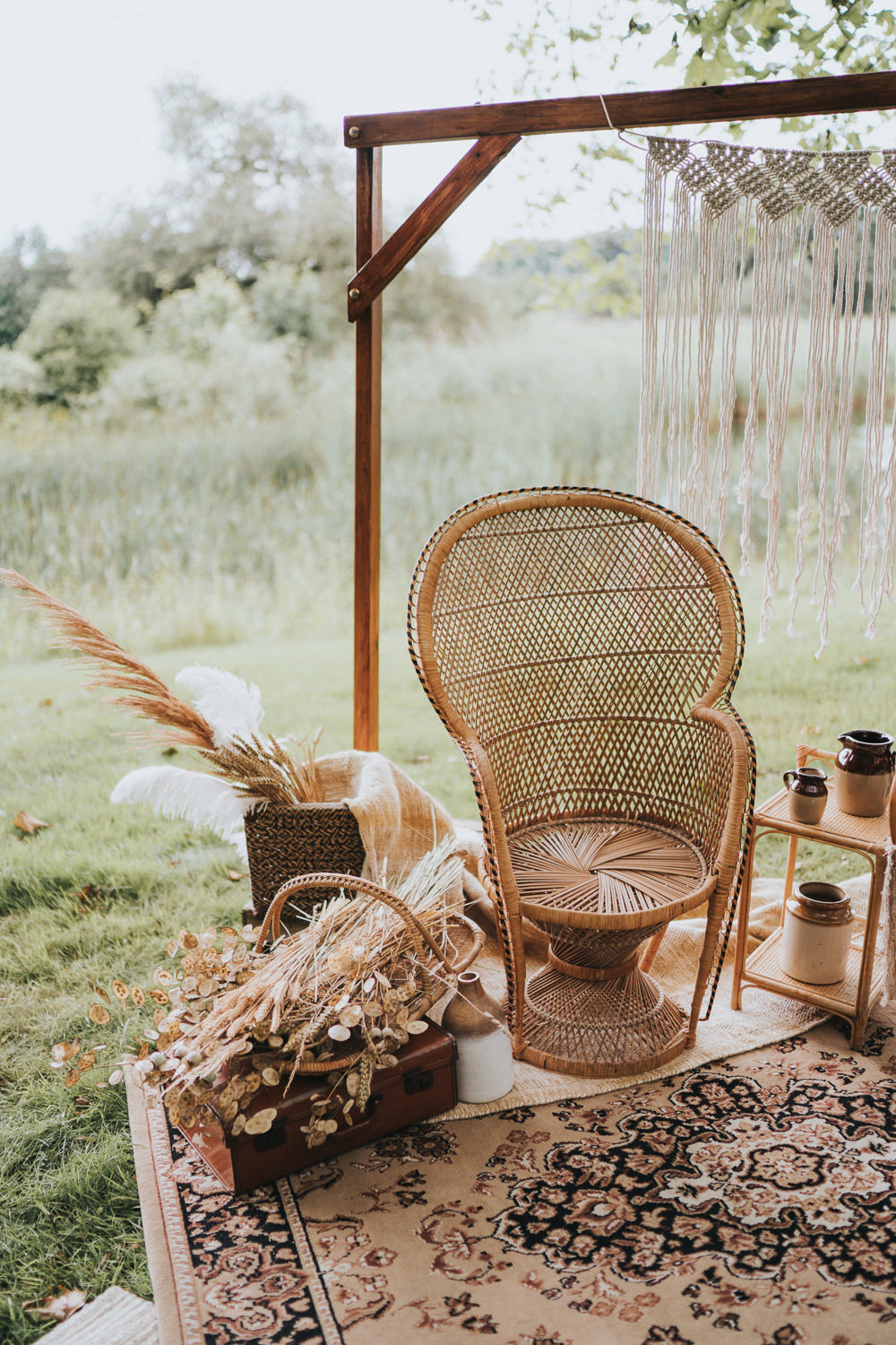 Peacock Chair Macrame Decor Backdrop Frame Pampas Grass Naked Tipi Wedding Ideas Holly Rose Stones