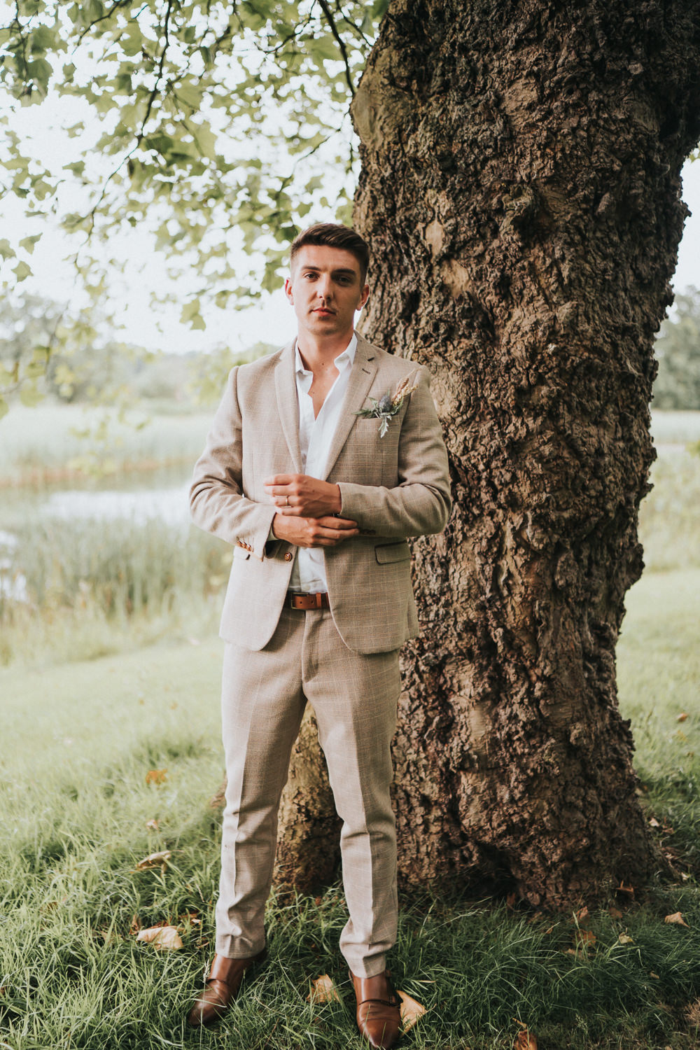 Groom Suit Taupe Check Shirt Open Collar Naked Tipi Wedding Ideas Holly Rose Stones