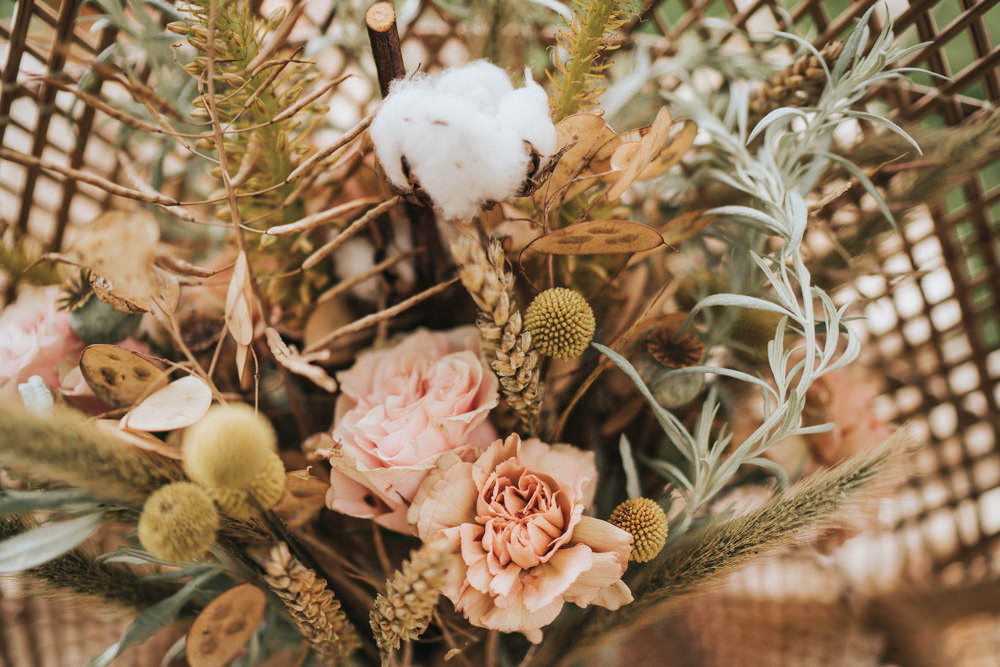 Bouquet Flowers Bride Bridal Grass Grasses Wheat Seeds Cotton Wool Rose Billy Ball Naked Tipi Wedding Ideas Holly Rose Stones