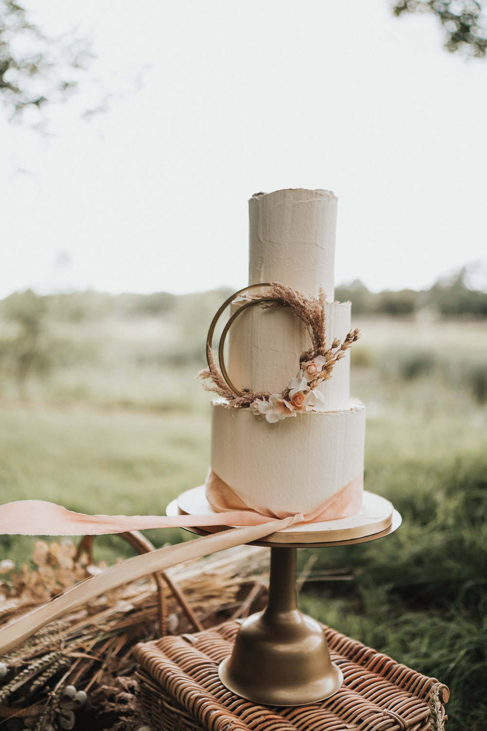 Cake Iced Buttercream Hoop Dried Flowers Florals Wheat Grass Grasses Ribbon Naked Tipi Wedding Ideas Holly Rose Stones