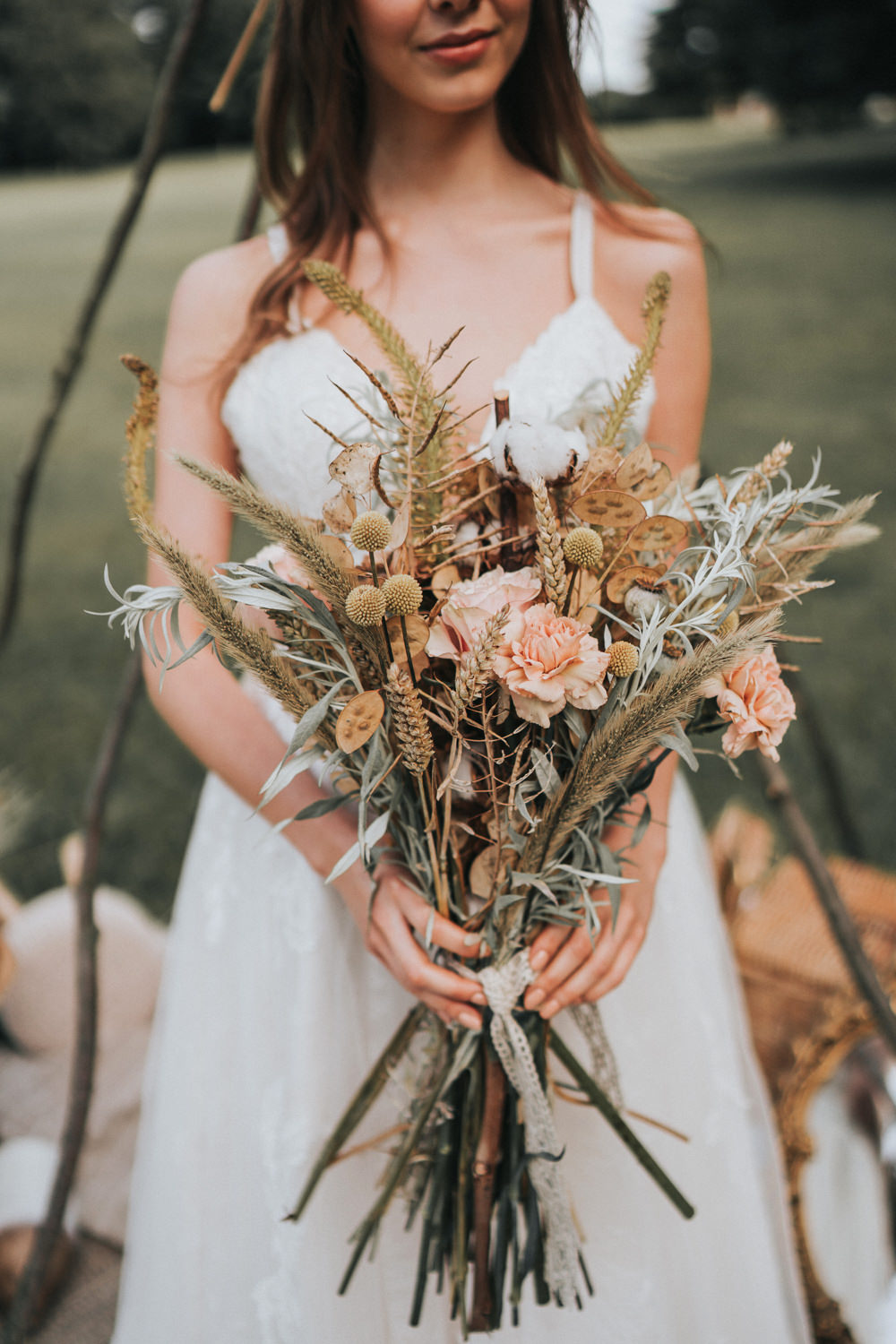 Bouquet Flowers Bride Bridal Grass Grasses Wheat Seeds Cotton Wool Rose Billy Ball Naked Tipi Wedding Ideas Holly Rose Stones