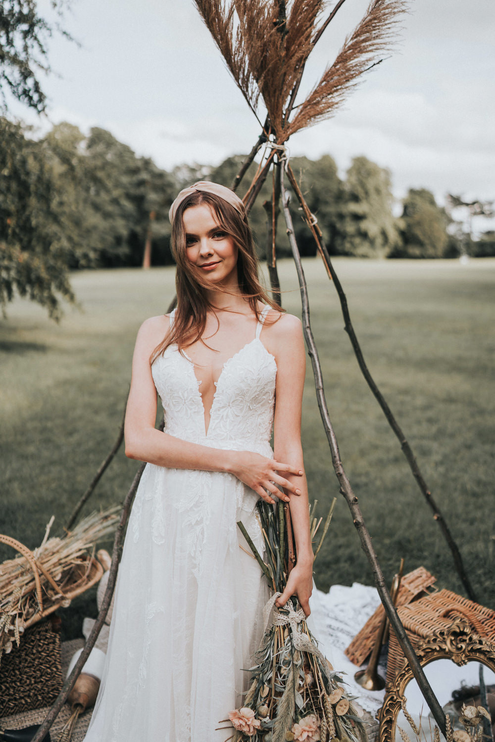 Dress Gown Bride Bridal Plunge Straps Lace Tulle Naked Tipi Wedding Ideas Holly Rose Stones
