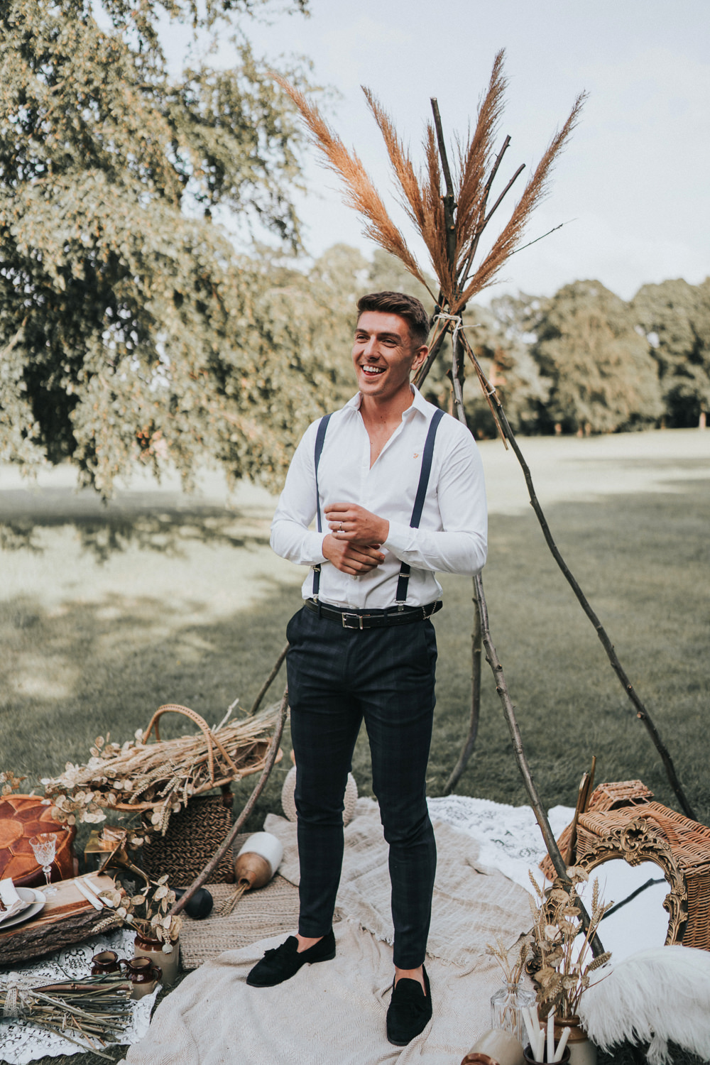 Groom Braces Chinos Tassel Loafers Naked Tipi Wedding Ideas Holly Rose Stones