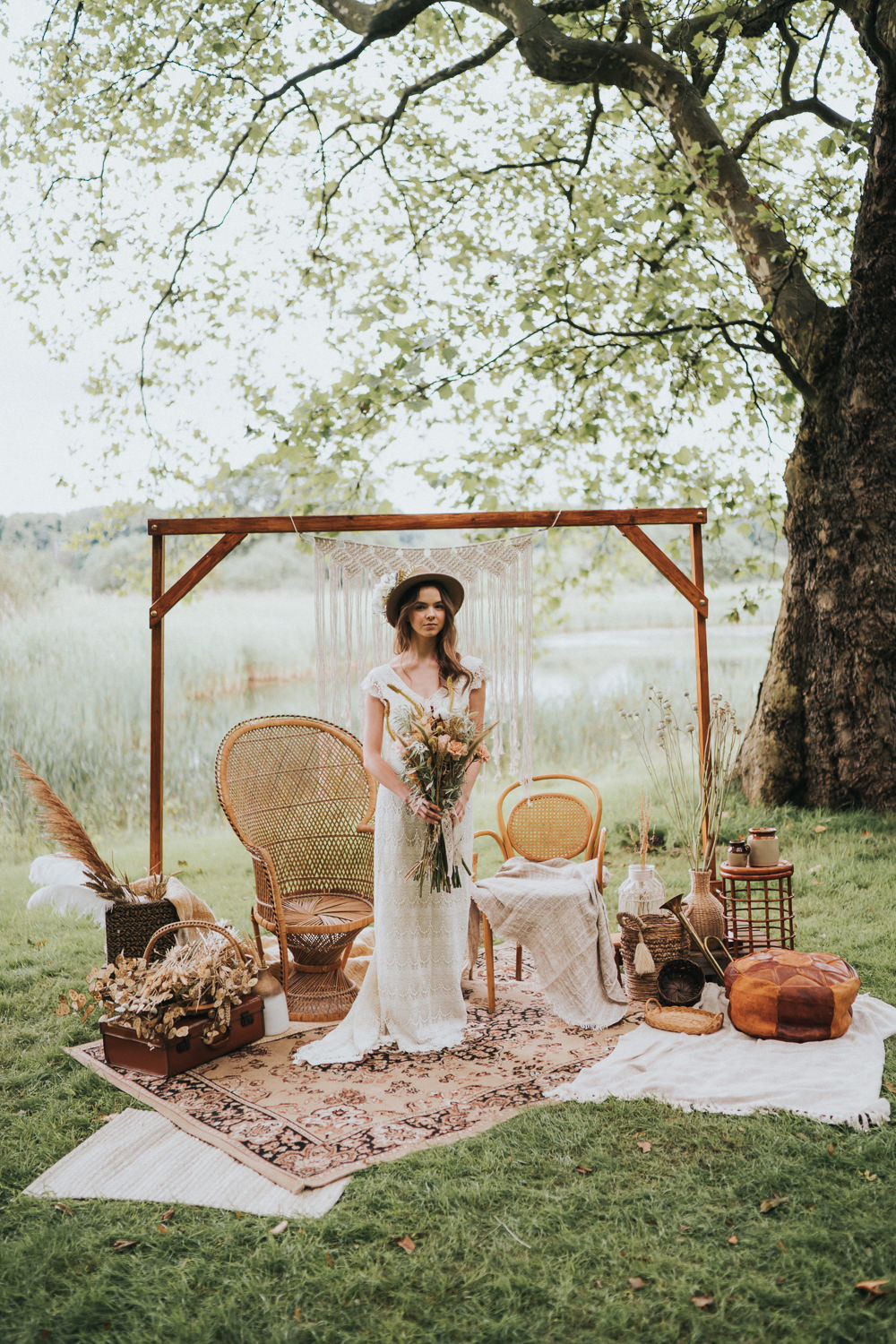 Peacock Chair Macrame Decor Backdrop Frame Pampas Grass Persian Rug Naked Tipi Wedding Ideas Holly Rose Stones