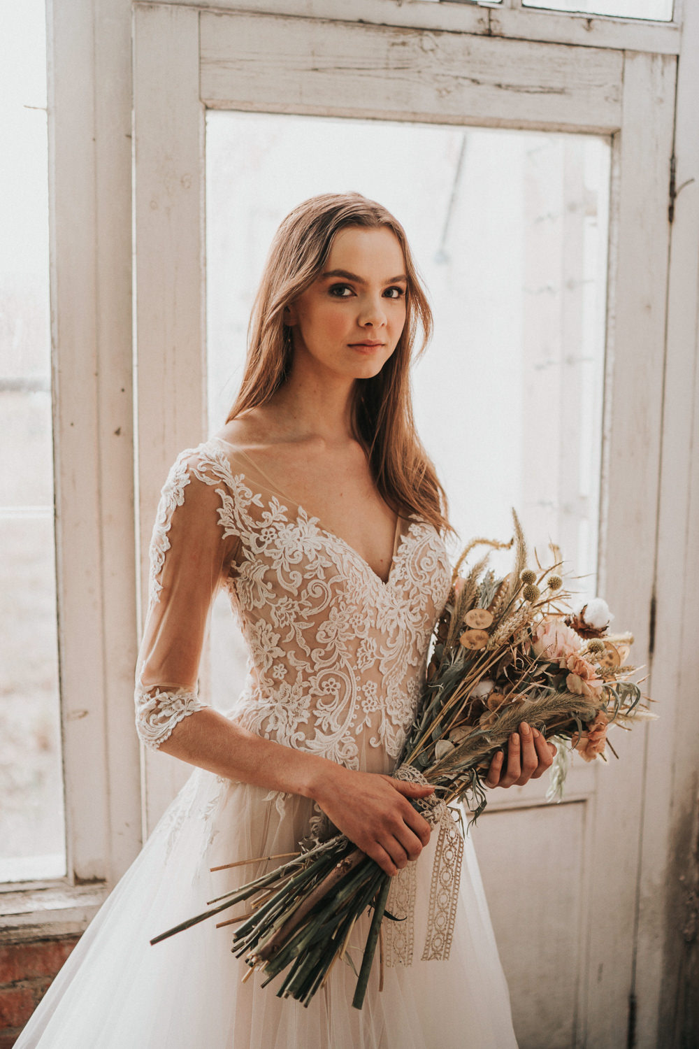 Bride Bridal Dress Gown Lace Sleeves Tulle Skirt Naked Tipi Wedding Ideas Holly Rose Stones