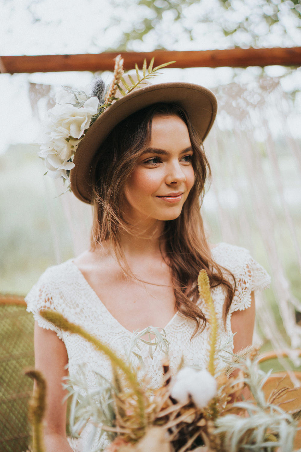 Bride Bridal Fedora Hat Flowers Floral Naked Tipi Wedding Ideas Holly Rose Stones
