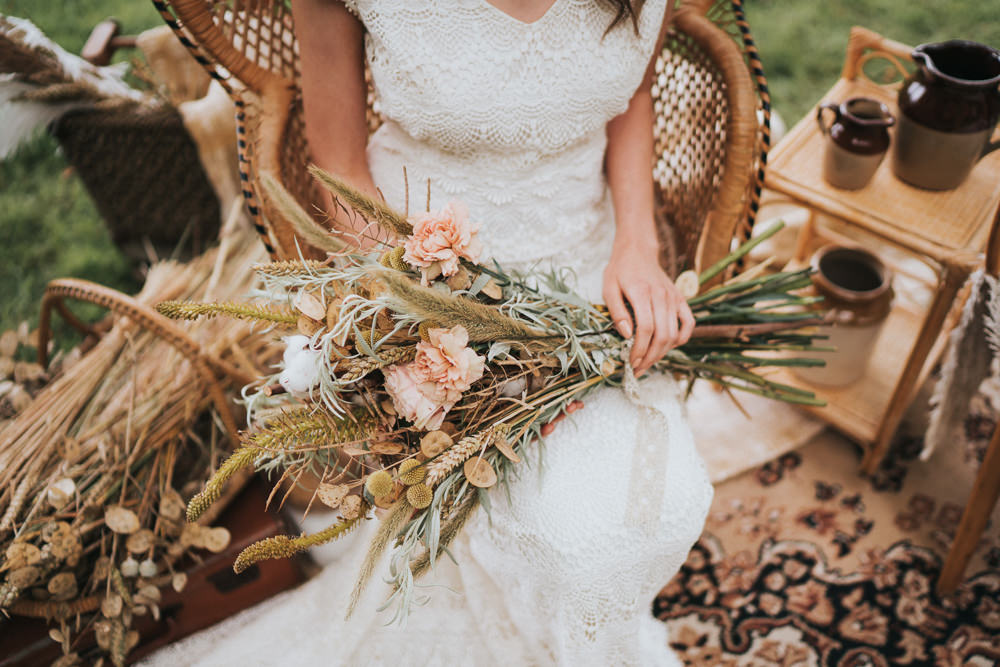 Bouquet Flowers Bride Bridal Grass Grasses Wheat Seeds Cotton Wool Rose Billy Ball Naked Tipi Wedding Ideas Holly Rose Stones