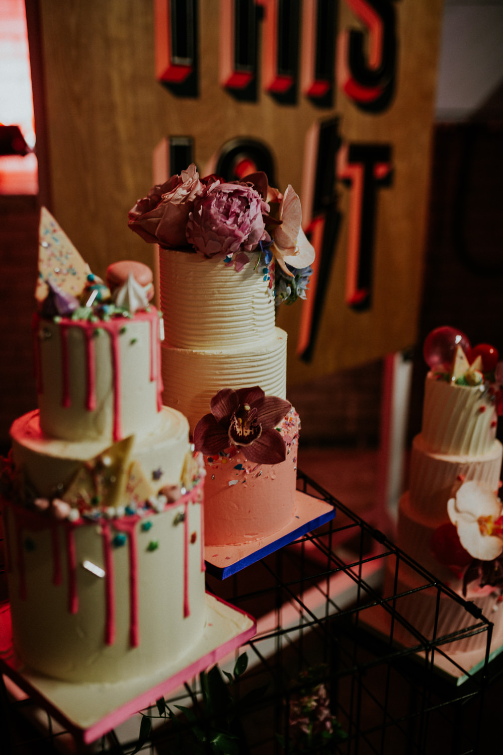 Cake Table Cakes Drip Ombre Floral Flowers Alternative Glitter Neon Sign Wedding Ideas State Of Love and Trust Photography