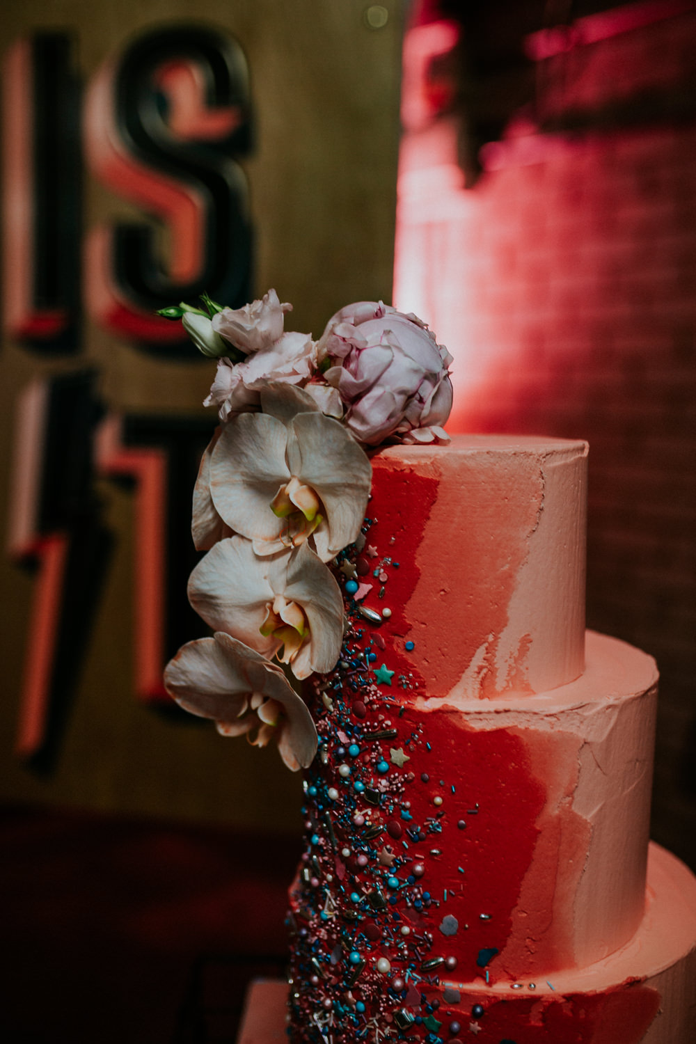 Cake Cakes Floral Painted Pink Brushstroke Neon Sign Wedding Ideas State Of Love and Trust Photography