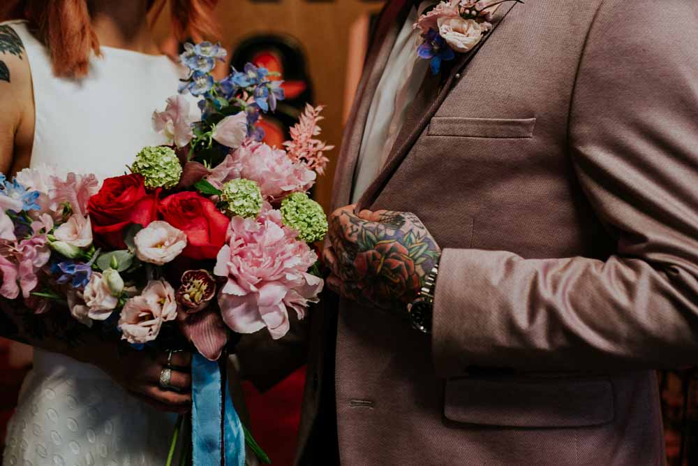 Bouquet Flowers Bride Bridal Colourful Phalaenopsis Orchids Peonies Roses Ferns Neon Sign Wedding Ideas State Of Love and Trust Photography
