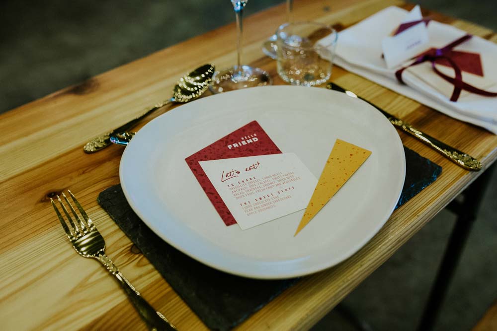 Stationery Geometric Triangle Red Yellow Place Setting Neon Sign Wedding Ideas State Of Love and Trust Photography