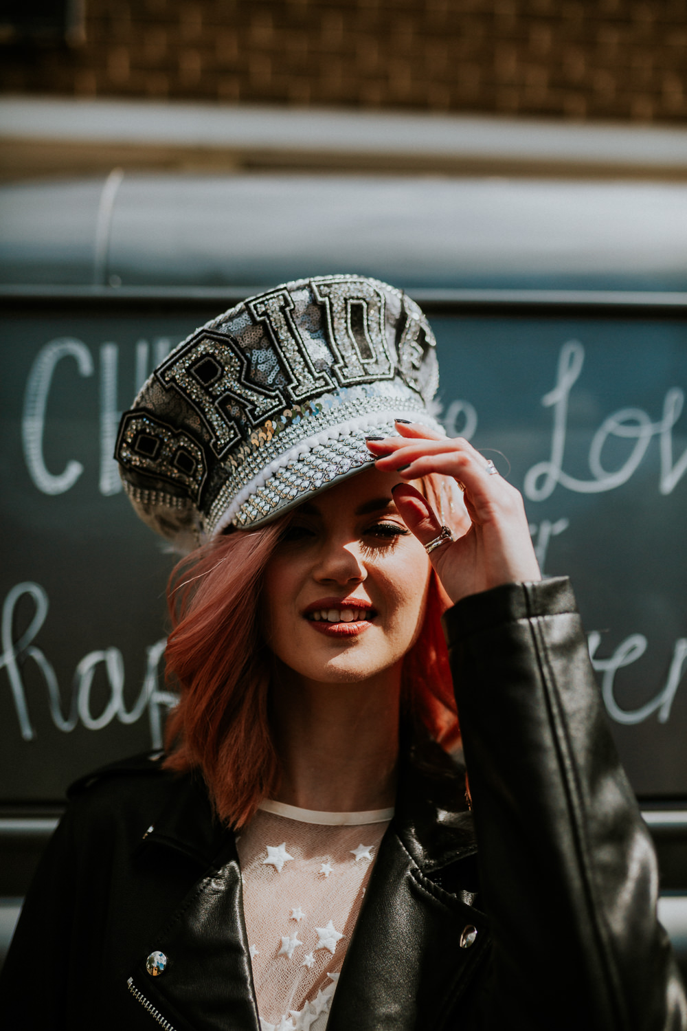 Bride Bridal Disco Hat Glitter Sequin Silver Neon Sign Wedding Ideas State Of Love and Trust Photography