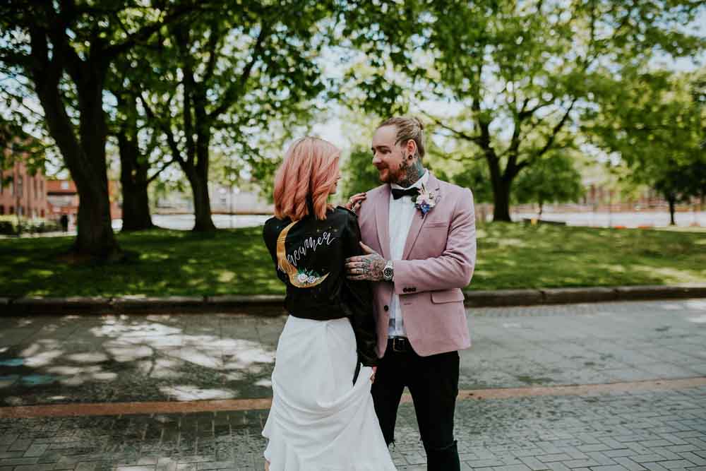 Leather Jacket Bride Bridal Painted Personalised Moon Celestial Neon Sign Wedding Ideas State Of Love and Trust Photography