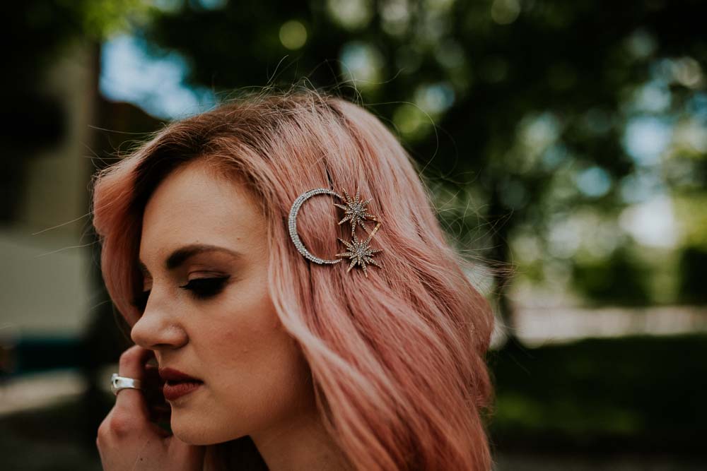 Pink Hair Bride Bob Waves Celestial Star Moon Hair Clip Slide Neon Sign Wedding Ideas State Of Love and Trust Photography
