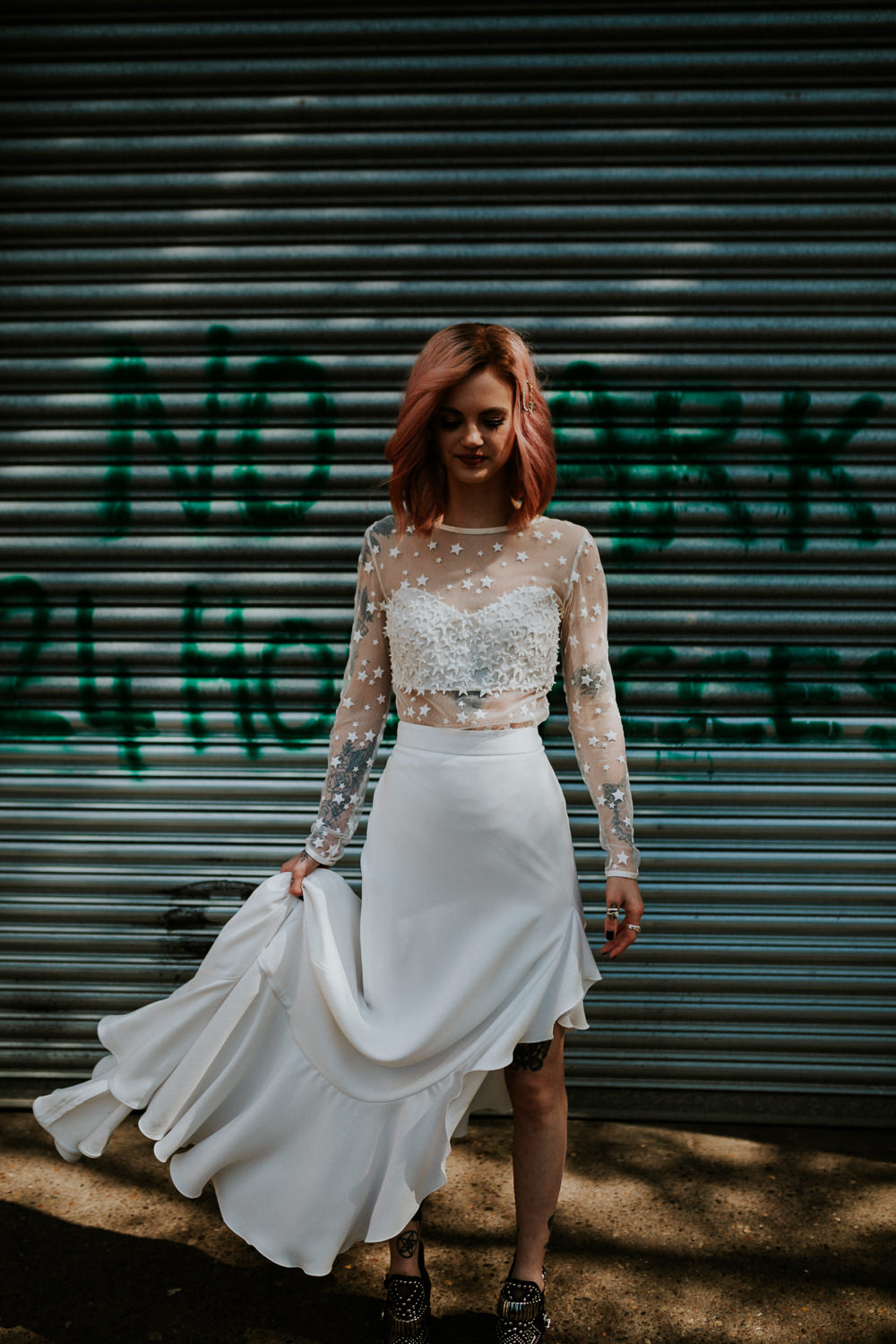 Dress Gown Bride Bridal Top Skirt Train Star Celestial Neon Sign Wedding Ideas State Of Love and Trust Photography