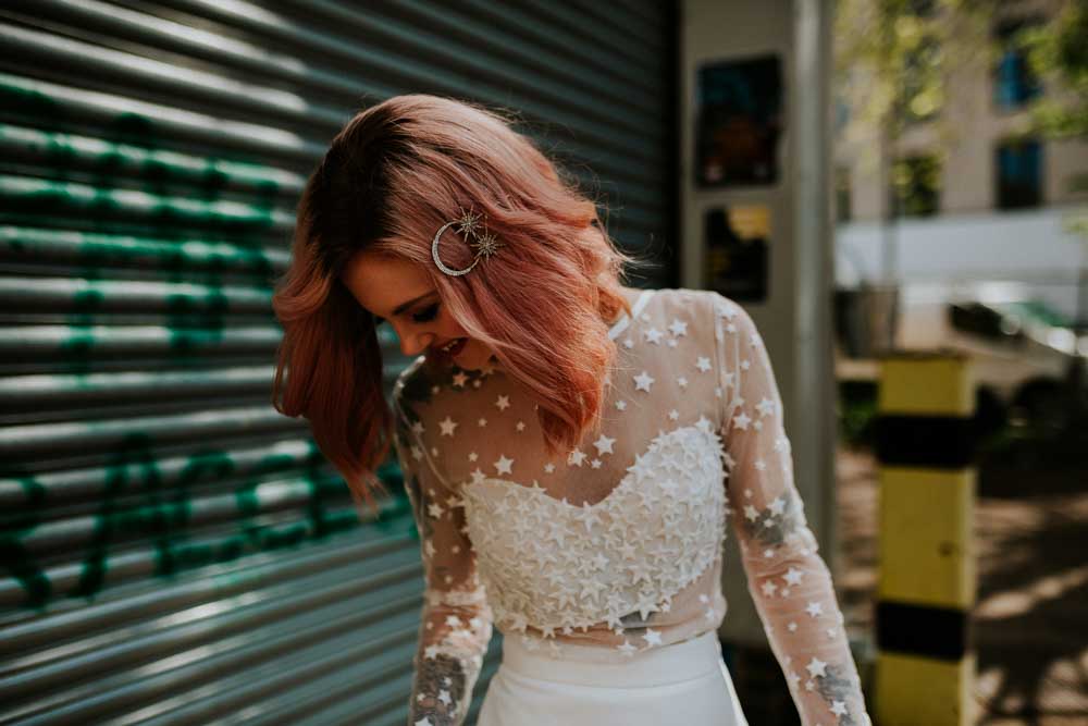 Pink Hair Bride Bob Waves Celestial Star Moon Hair Clip Slide Neon Sign Wedding Ideas State Of Love and Trust Photography
