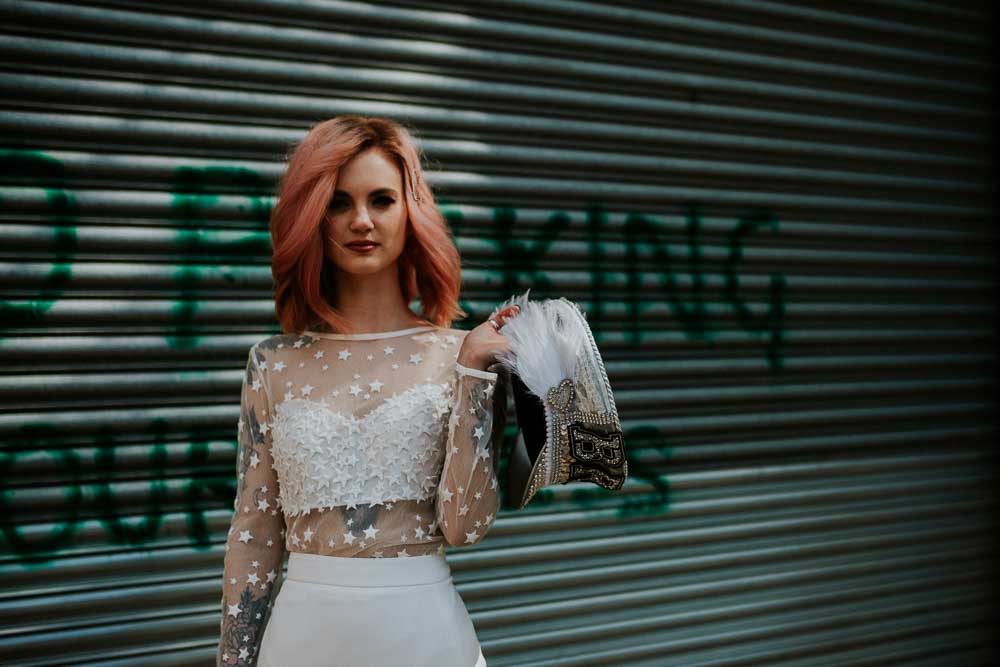 Dress Gown Bride Bridal Top Skirt Train Star Celestial Neon Sign Wedding Ideas State Of Love and Trust Photography