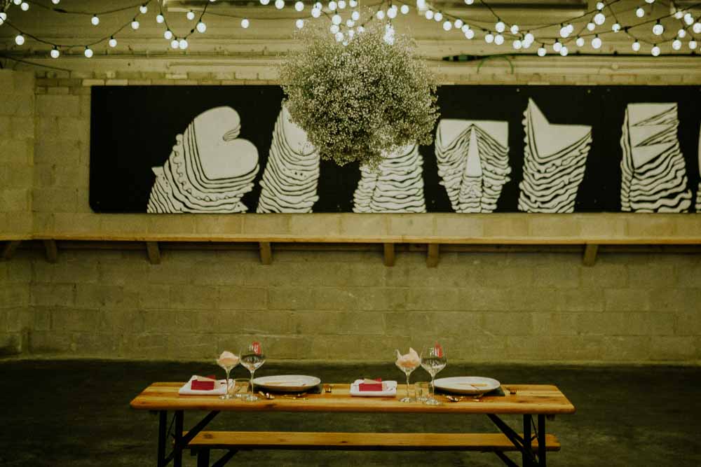 Table Tablescape Decor Decoration Baby Breath Gyp Gypsophila Cloud Suspended Hanging Flowers Neon Sign Wedding Ideas State Of Love and Trust Photography