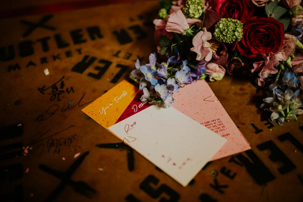 Stationery Invite Invitations Geometric Triangle Red Yellow Neon Sign Wedding Ideas State Of Love and Trust Photography