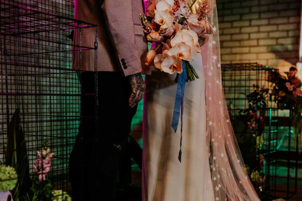 Bouquet Flowers Bride Bridal Colourful Phalaenopsis Orchids Peonies Roses Ferns Neon Sign Wedding Ideas State Of Love and Trust Photography