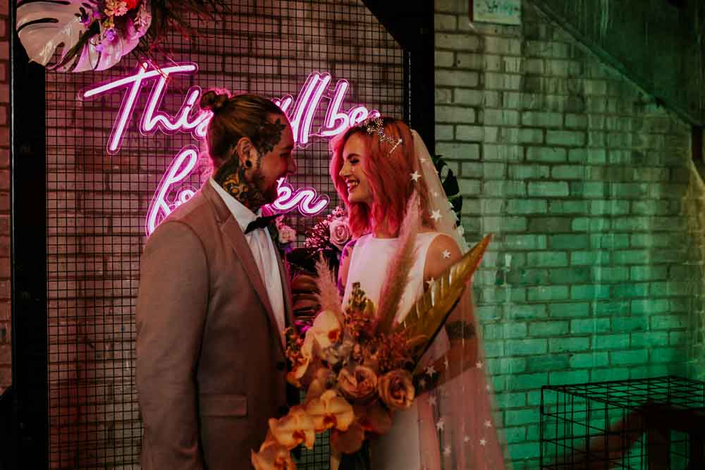Bouquet Flowers Bride Bridal Colourful Pampas Grass Phalaenopsis Orchids Peonies Roses Ferns Neon Sign Wedding Ideas State Of Love and Trust Photography