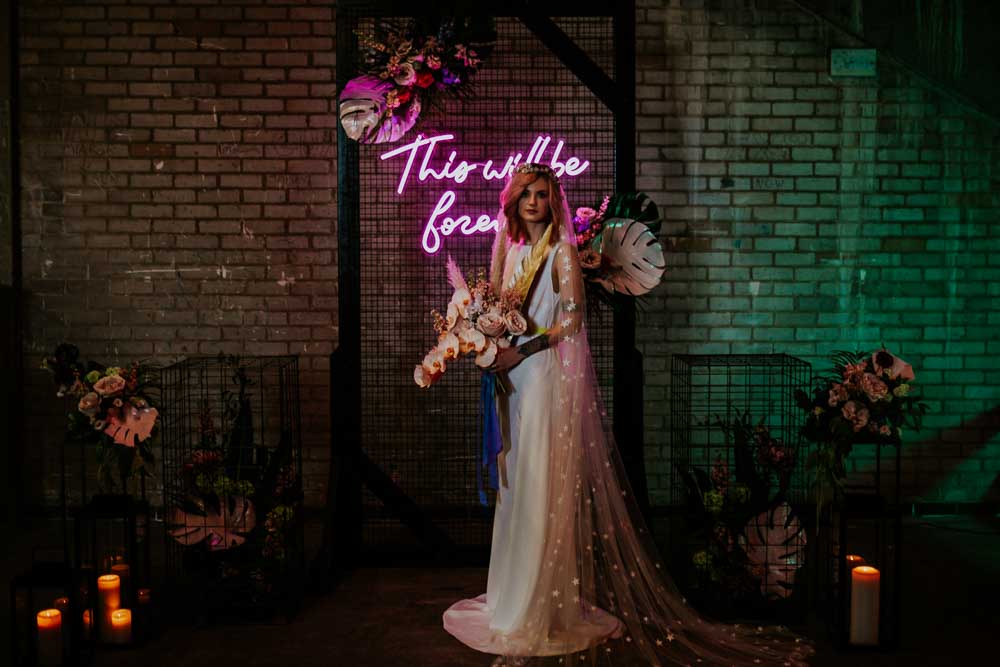 Dress Gown Bride Bridal Straps Train Star Celestial Veil Backdrop Arch Flowers Neon Sign Wedding Ideas State Of Love and Trust Photography