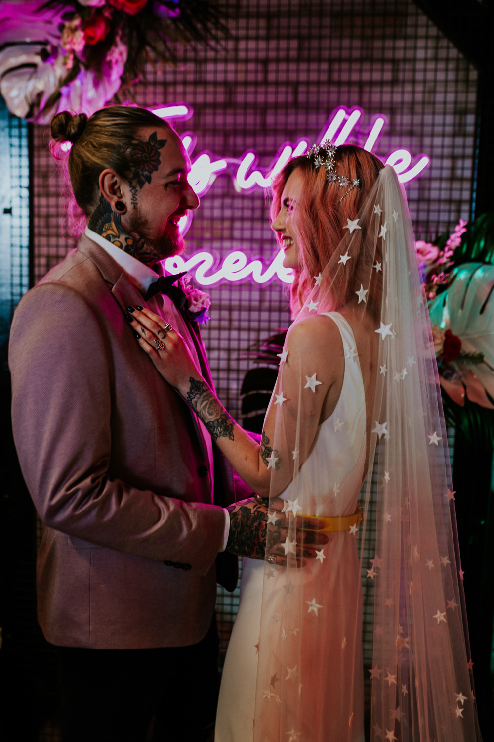 Dress Gown Bride Bridal Straps Train Star Celestial Veil Pink Hair Neon Sign Wedding Ideas State Of Love and Trust Photography