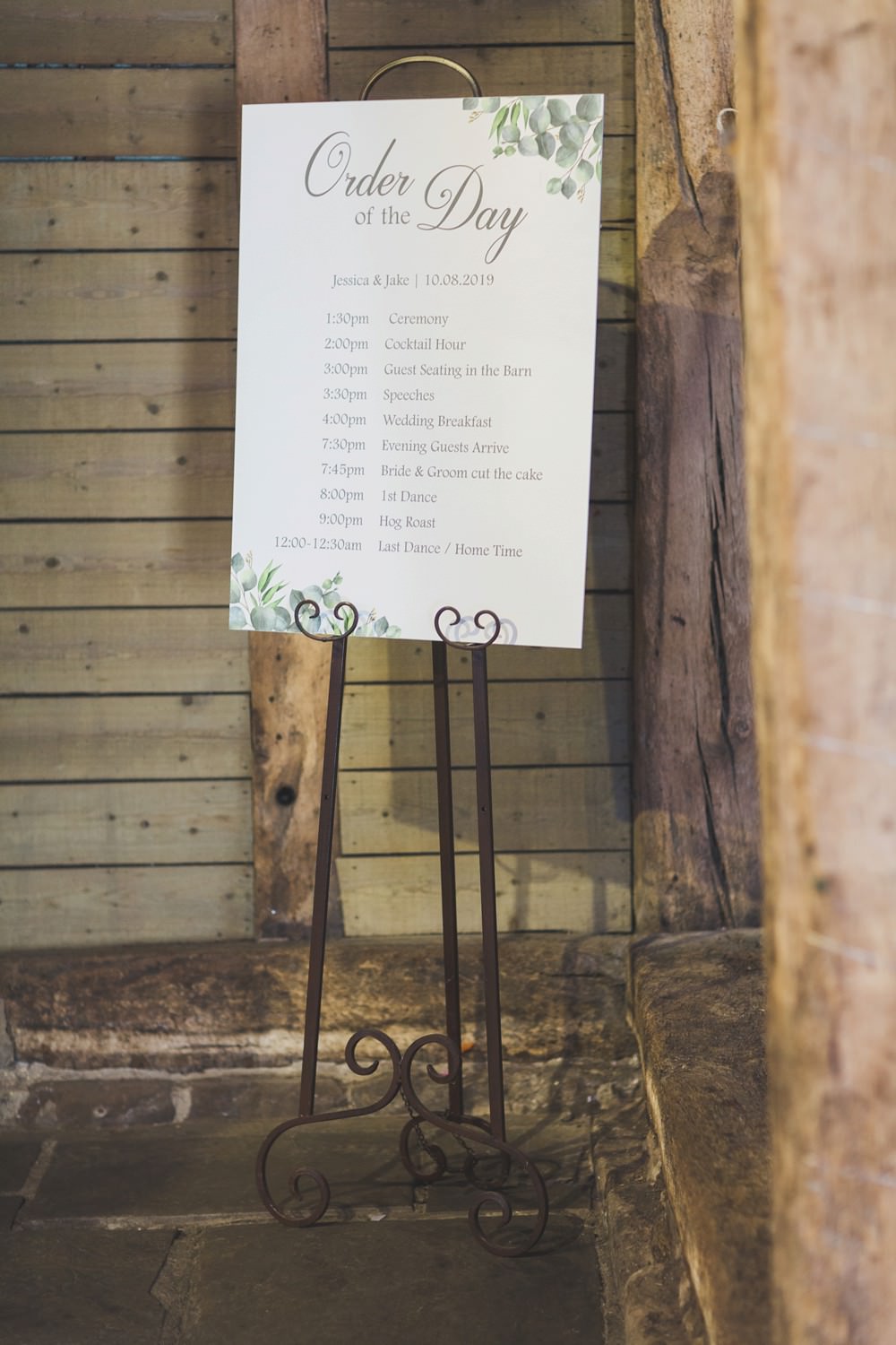 Order of the Day Sign Signage Signs Greenery Priory Little Wymondley Wedding Milk Bottle Photography