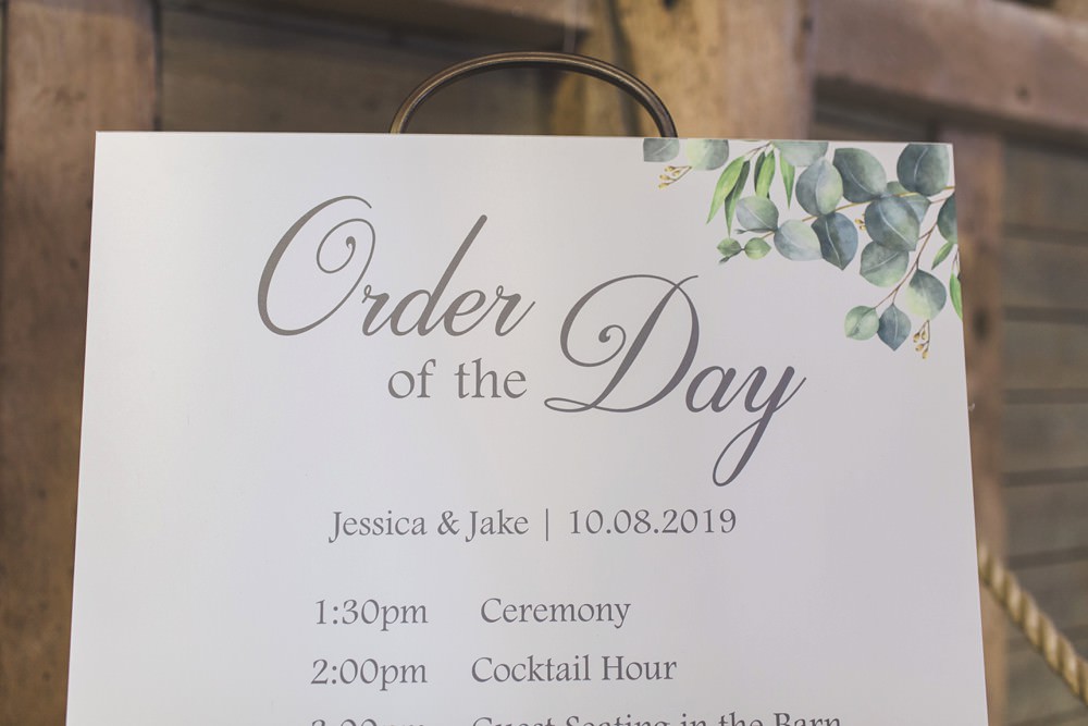 Order of the Day Sign Signage Signs Greenery Priory Little Wymondley Wedding Milk Bottle Photography