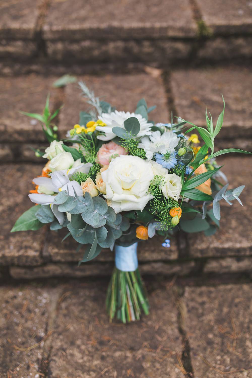 Bouquet Flowers Bride Bridal Orange Coral Cream Eucalptus Rose Priory Little Wymondley Wedding Milk Bottle Photography