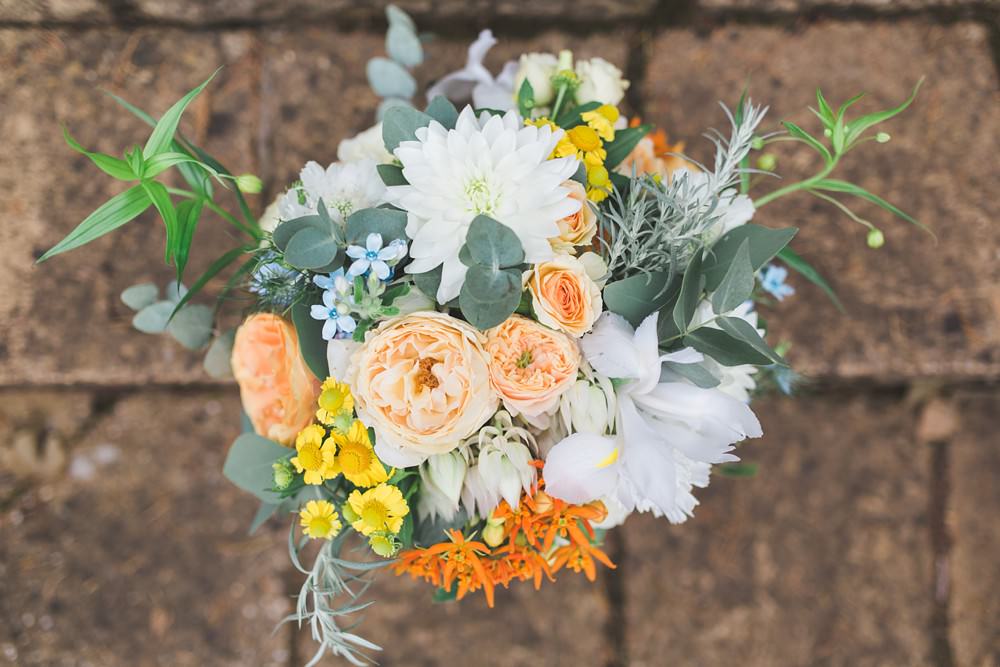 Bouquet Flowers Bride Bridal Orange Coral Cream Eucalptus Rose Priory Little Wymondley Wedding Milk Bottle Photography