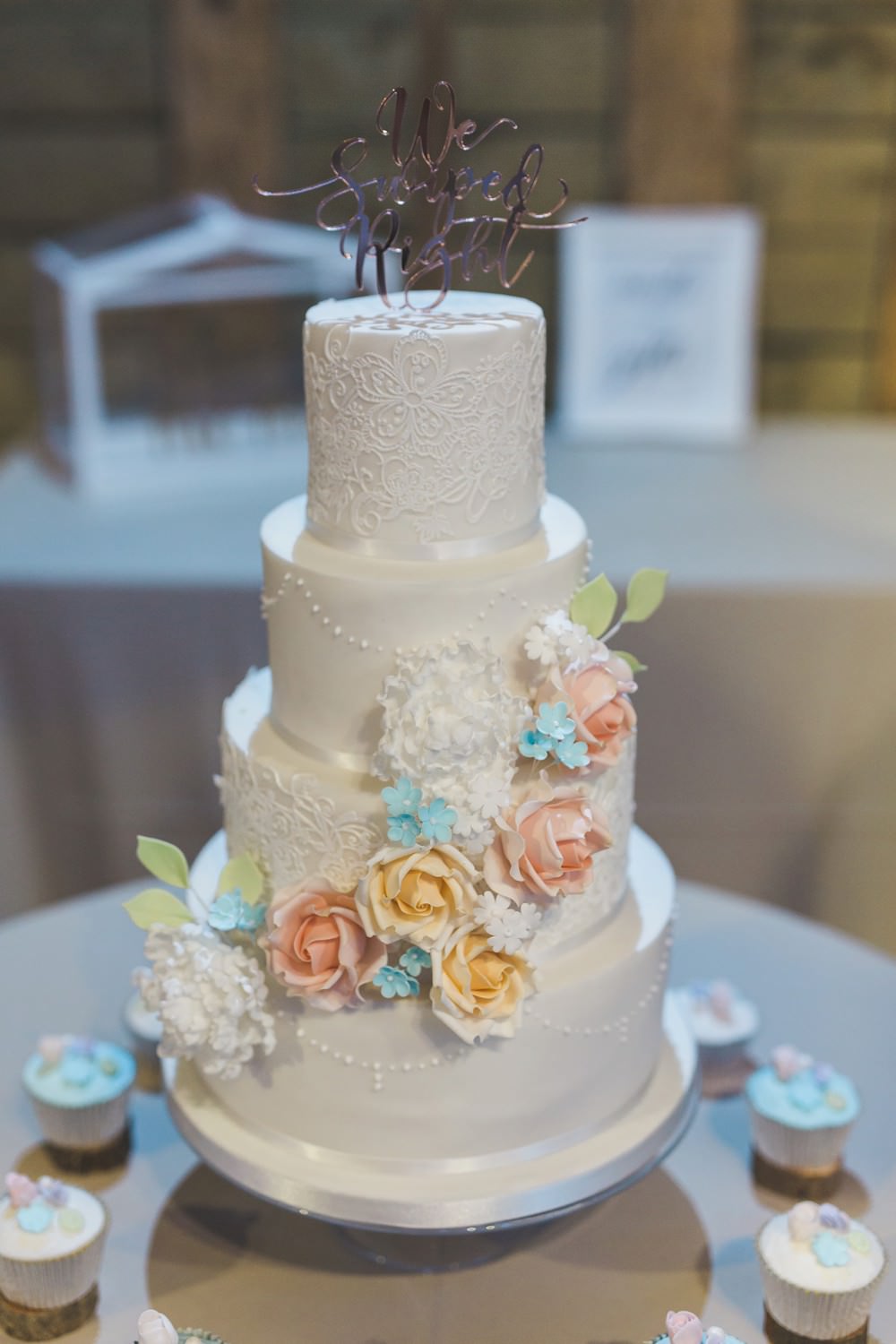 Cake White Ivory Iced Icing Flowers Sugar Pastel Laser Cut Topper Priory Little Wymondley Wedding Milk Bottle Photography