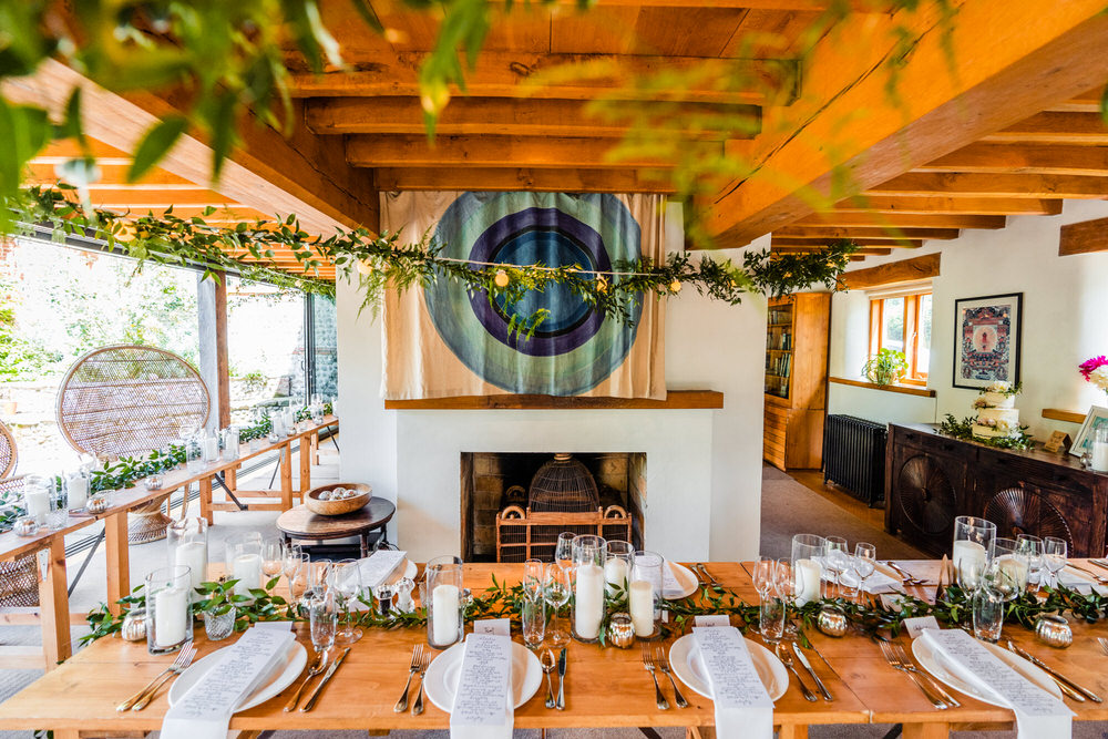 Wooden Tables Greenery Foliafe Runner Swag Centrepiece Candles Secret Garden Wedding James Powell Photography