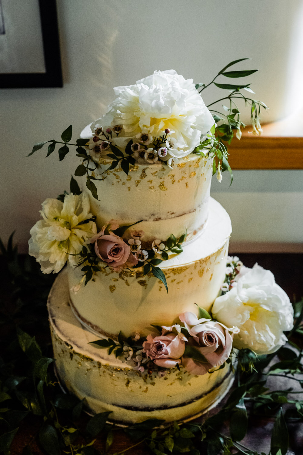 Semi Naked Cake Buttercream Flowers Gold Leaf Secret Garden Wedding James Powell Photography