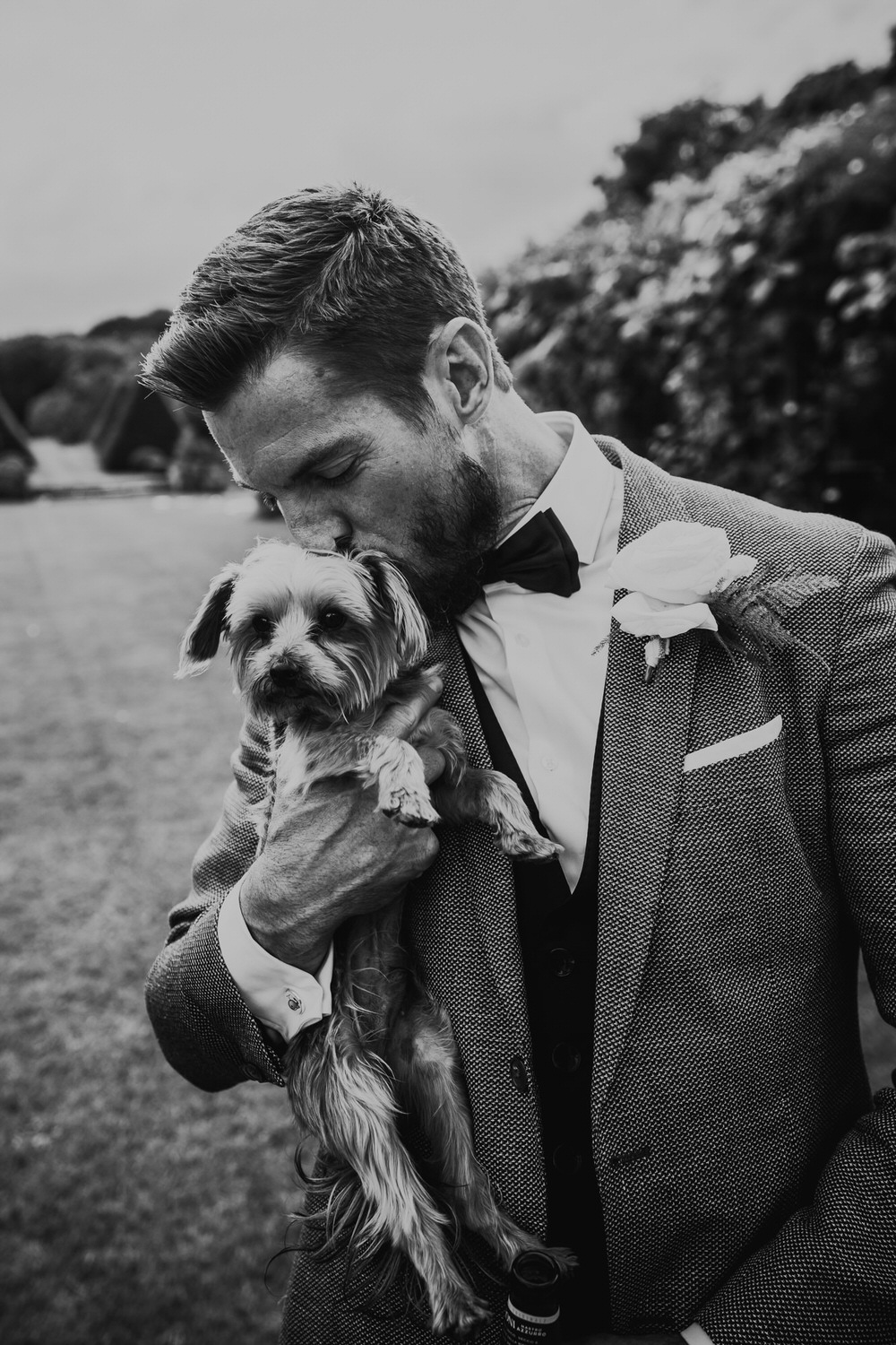 Groom Suit Grey Bow Tie Pet Dog Secret Garden Wedding James Powell Photography