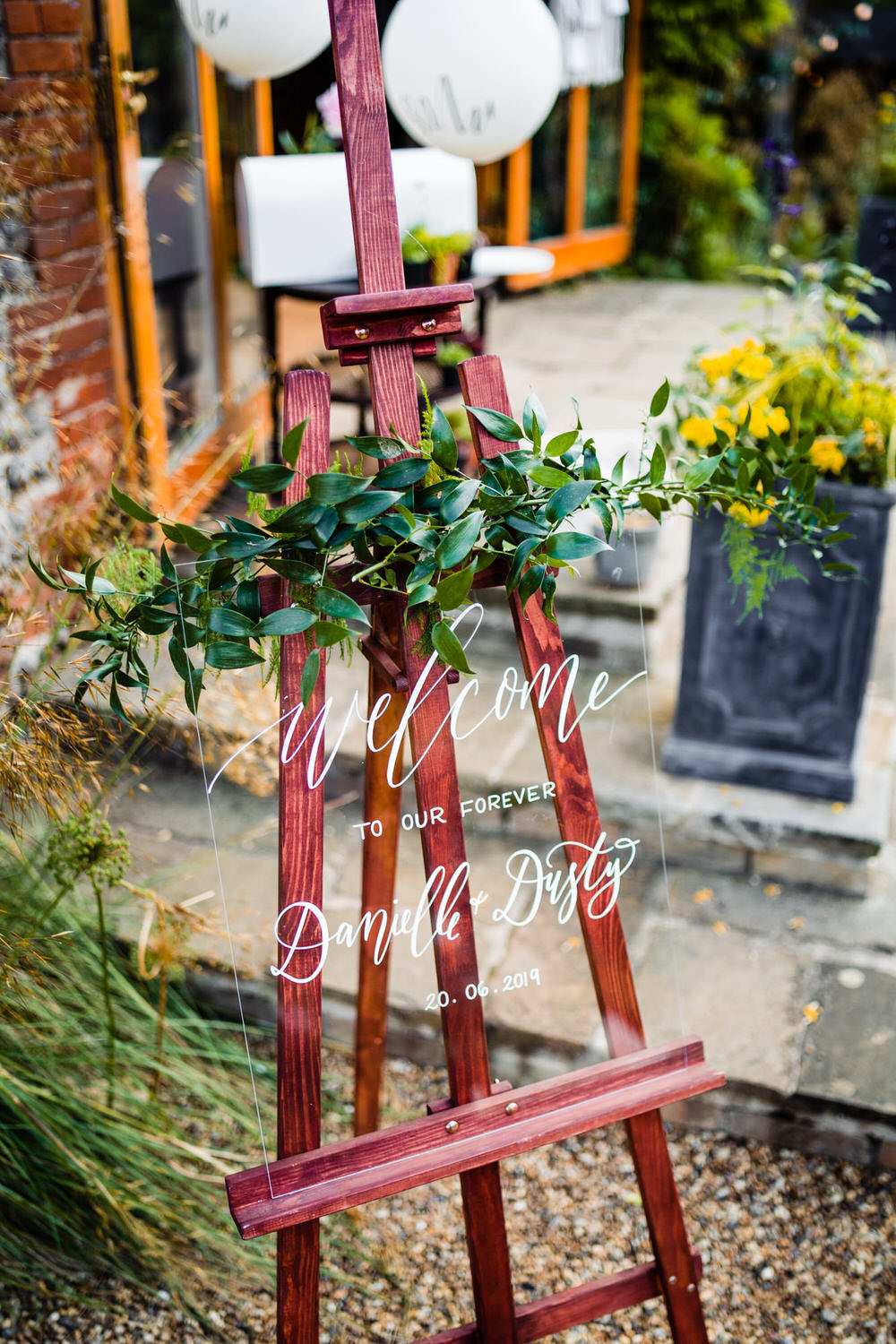 Perspex Sign Acrylic Glass Clear Calligraphy Signage Signs Greenery Foliage Secret Garden Wedding James Powell Photography
