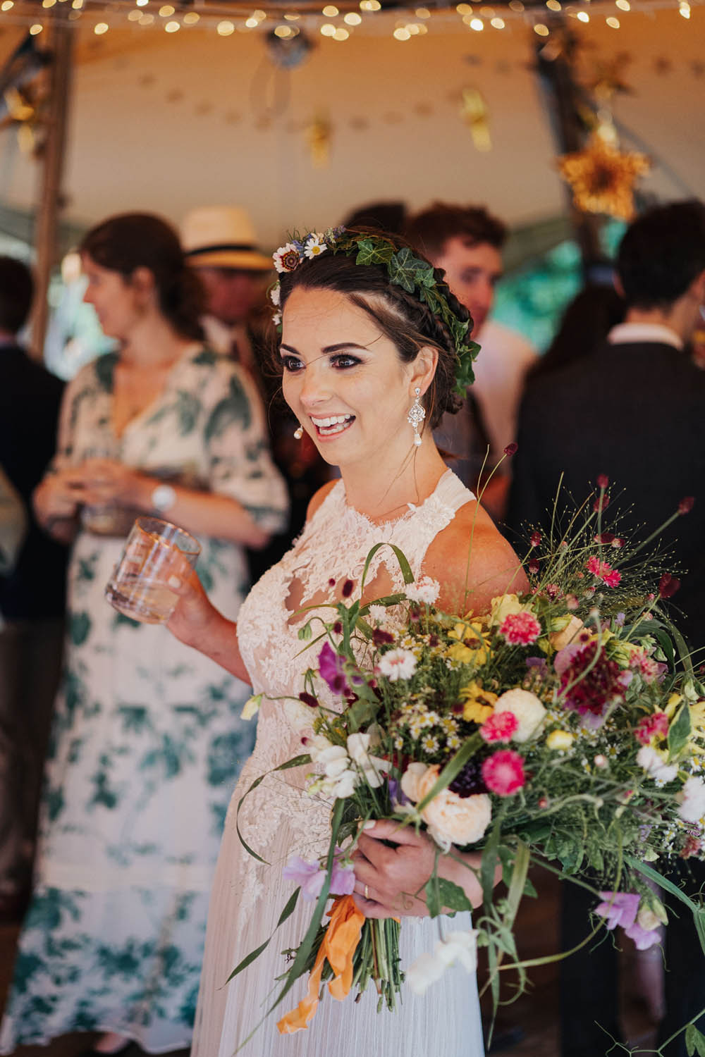 Bride Bridal Bouquet Flowers Sweet Peas Grass Daisy Wildflowers Tipi Garden Wedding Kit Myers Photography