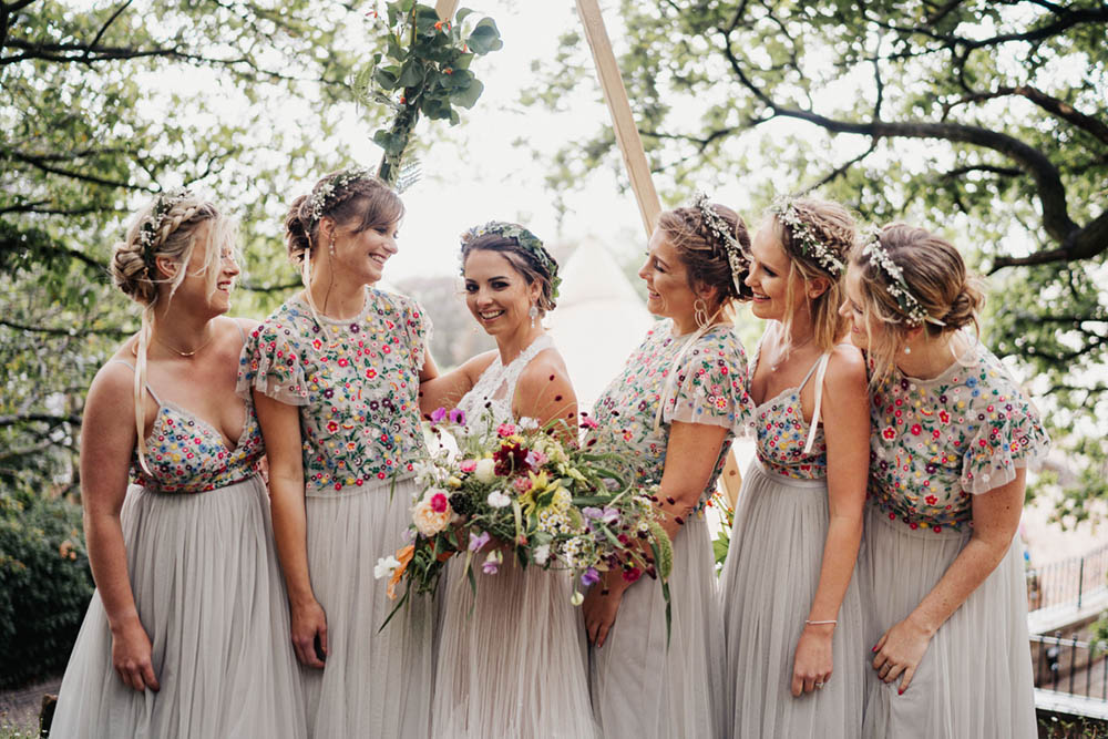 Bridesmaids Bridesmaid Dress Dresses Floral Top Skirt Needle & Thread Grey Tipi Garden Wedding Kit Myers Photography