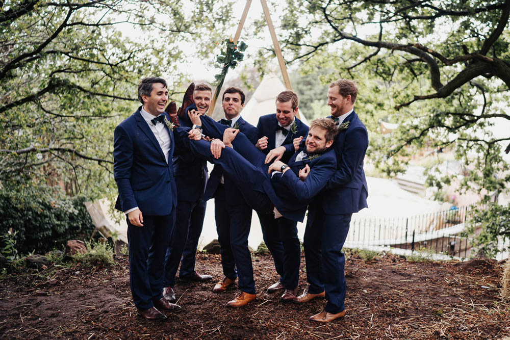 Groom Groomsmen Suits Blue Bow Tie Tartan Tipi Garden Wedding Kit Myers Photography