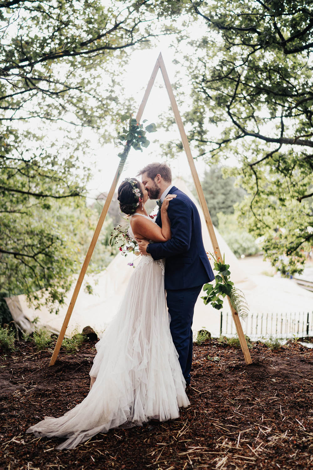 Bride Bridal Dress Gown Tipi Garden Wedding Kit Myers Photography Tulle Lace High Neckline Ruffle Skirt Tipi Garden Wedding Kit Myers Photography