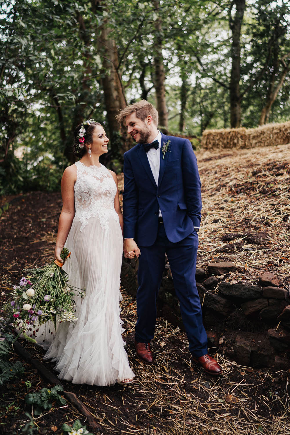 Groom Groomsmen Suits Blue Bow Tie Tartan Bride Bridal Dress Gown Tipi Garden Wedding Kit Myers Photography Tulle Lace High Neckline Ruffle Skirt Tipi Garden Wedding Kit Myers Photography