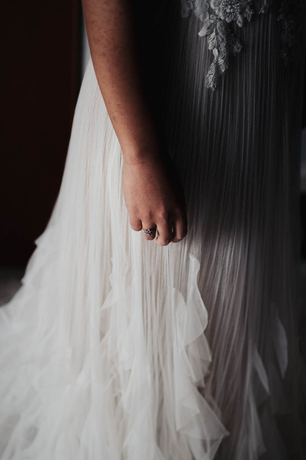 Bride Bridal Dress Gown Tipi Garden Wedding Kit Myers Photography Tulle Lace High Neckline Ruffle Skirt Tipi Garden Wedding Kit Myers Photography