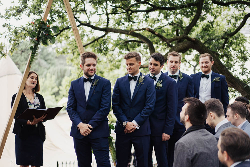 Groom Groomsmen Suits Blue Bow Tie Tartan Tipi Garden Wedding Kit Myers Photography