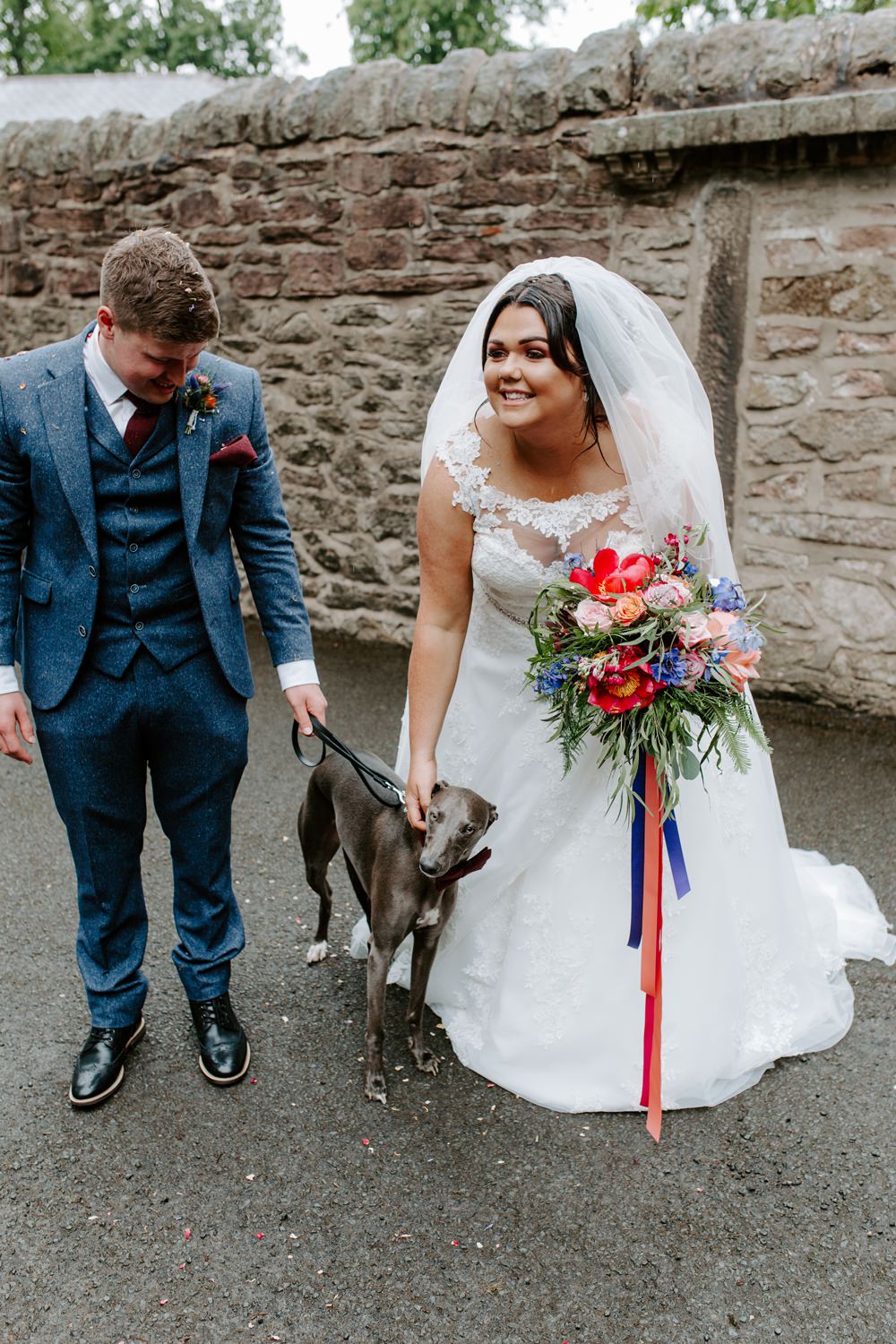 Bride Bridal Lace Dress Gown Sweetheart Neckline Boat Neck Blue Tweed Three Piece Suit Waistcoat Suit Groom Veil Dog Tipis Riley Green Wedding Jessica Isherwood Photography